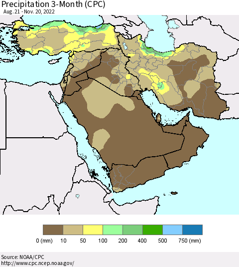 Middle East and Turkey Precipitation 3-Month (CPC) Thematic Map For 8/21/2022 - 11/20/2022