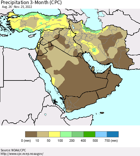 Middle East and Turkey Precipitation 3-Month (CPC) Thematic Map For 8/26/2022 - 11/25/2022