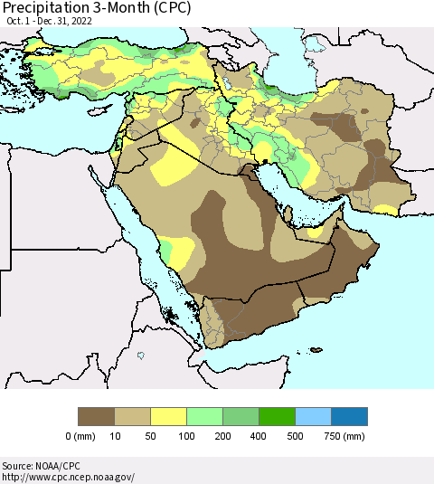 Middle East and Turkey Precipitation 3-Month (CPC) Thematic Map For 10/1/2022 - 12/31/2022