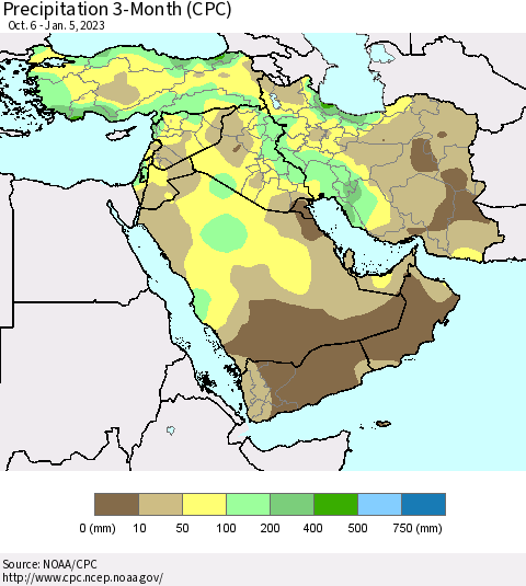 Middle East and Turkey Precipitation 3-Month (CPC) Thematic Map For 10/6/2022 - 1/5/2023
