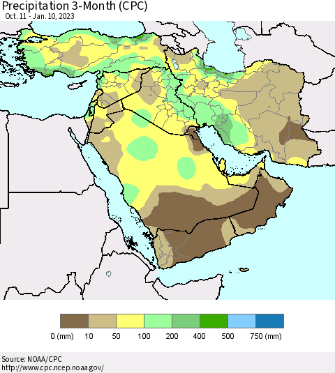 Middle East and Turkey Precipitation 3-Month (CPC) Thematic Map For 10/11/2022 - 1/10/2023