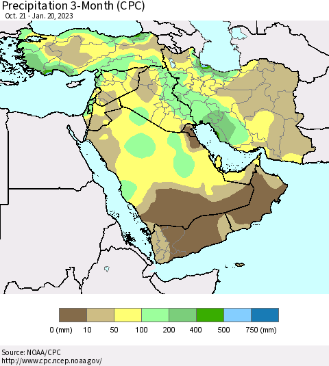 Middle East and Turkey Precipitation 3-Month (CPC) Thematic Map For 10/21/2022 - 1/20/2023