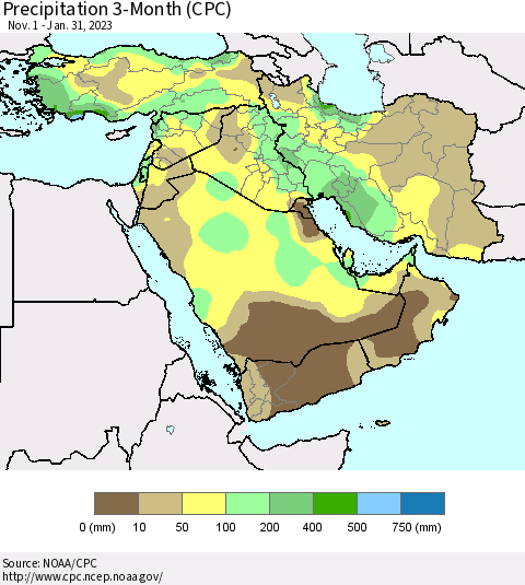 Middle East and Turkey Precipitation 3-Month (CPC) Thematic Map For 11/1/2022 - 1/31/2023