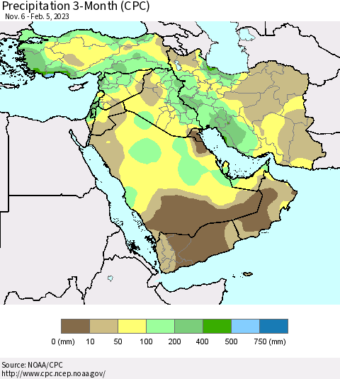 Middle East and Turkey Precipitation 3-Month (CPC) Thematic Map For 11/6/2022 - 2/5/2023