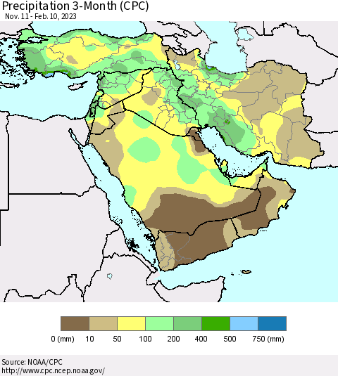 Middle East and Turkey Precipitation 3-Month (CPC) Thematic Map For 11/11/2022 - 2/10/2023