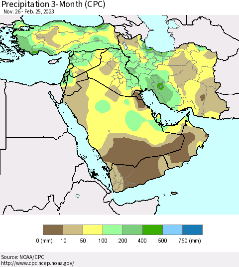 Middle East and Turkey Precipitation 3-Month (CPC) Thematic Map For 11/26/2022 - 2/25/2023