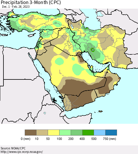 Middle East and Turkey Precipitation 3-Month (CPC) Thematic Map For 12/1/2022 - 2/28/2023