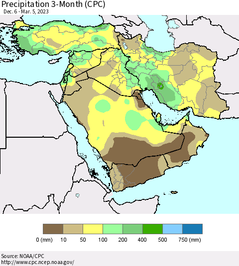 Middle East and Turkey Precipitation 3-Month (CPC) Thematic Map For 12/6/2022 - 3/5/2023