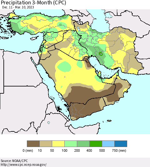 Middle East and Turkey Precipitation 3-Month (CPC) Thematic Map For 12/11/2022 - 3/10/2023