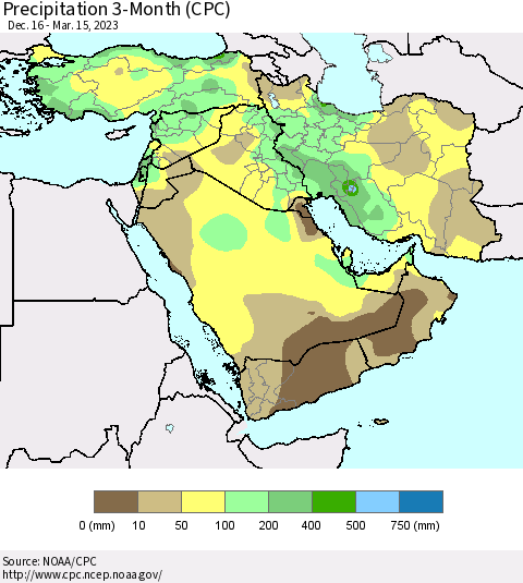 Middle East and Turkey Precipitation 3-Month (CPC) Thematic Map For 12/16/2022 - 3/15/2023