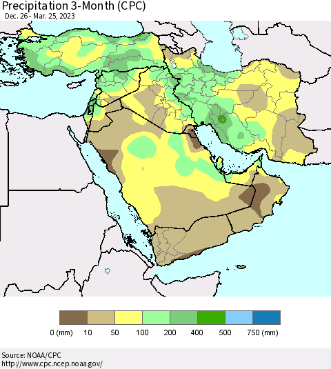 Middle East and Turkey Precipitation 3-Month (CPC) Thematic Map For 12/26/2022 - 3/25/2023