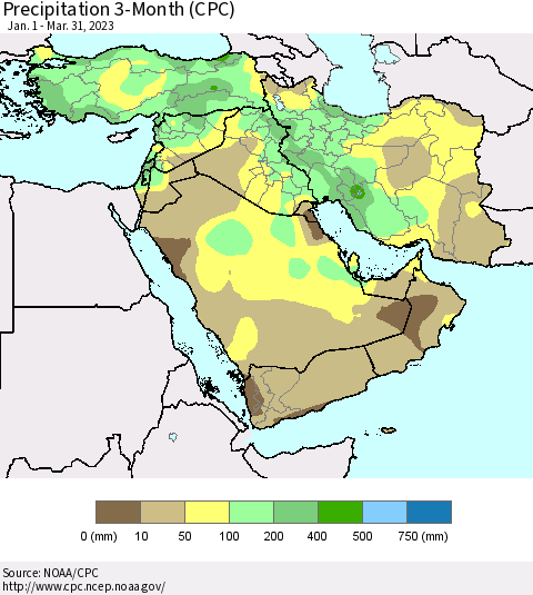 Middle East and Turkey Precipitation 3-Month (CPC) Thematic Map For 1/1/2023 - 3/31/2023
