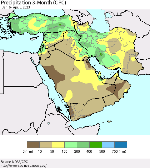 Middle East and Turkey Precipitation 3-Month (CPC) Thematic Map For 1/6/2023 - 4/5/2023
