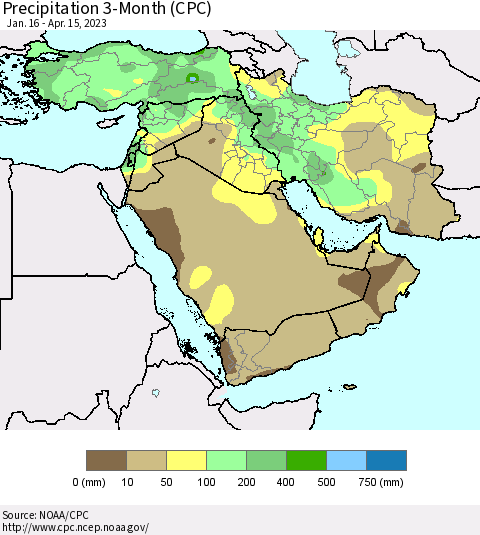 Middle East and Turkey Precipitation 3-Month (CPC) Thematic Map For 1/16/2023 - 4/15/2023