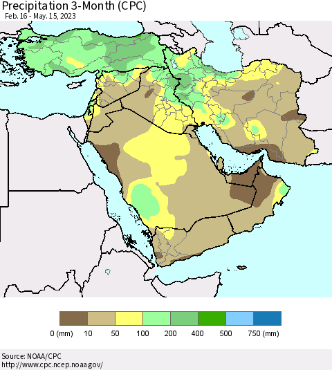 Middle East and Turkey Precipitation 3-Month (CPC) Thematic Map For 2/16/2023 - 5/15/2023
