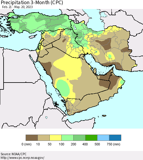 Middle East and Turkey Precipitation 3-Month (CPC) Thematic Map For 2/21/2023 - 5/20/2023