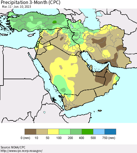 Middle East and Turkey Precipitation 3-Month (CPC) Thematic Map For 3/11/2023 - 6/10/2023