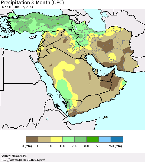Middle East and Turkey Precipitation 3-Month (CPC) Thematic Map For 3/16/2023 - 6/15/2023