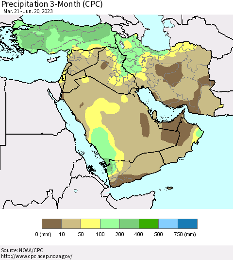 Middle East and Turkey Precipitation 3-Month (CPC) Thematic Map For 3/21/2023 - 6/20/2023