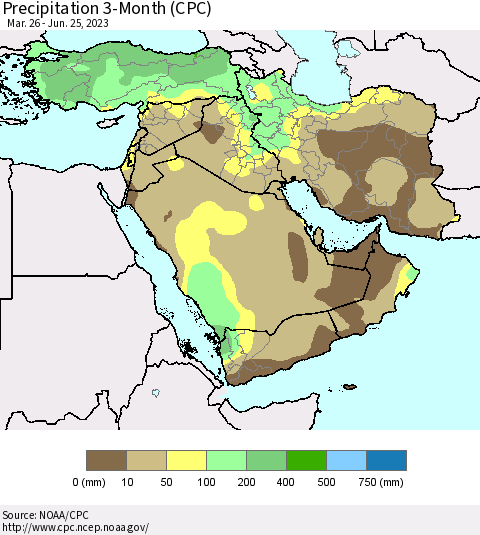 Middle East and Turkey Precipitation 3-Month (CPC) Thematic Map For 3/26/2023 - 6/25/2023