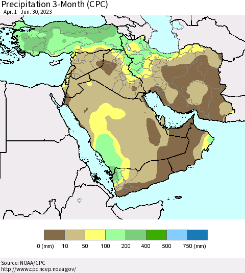 Middle East and Turkey Precipitation 3-Month (CPC) Thematic Map For 4/1/2023 - 6/30/2023