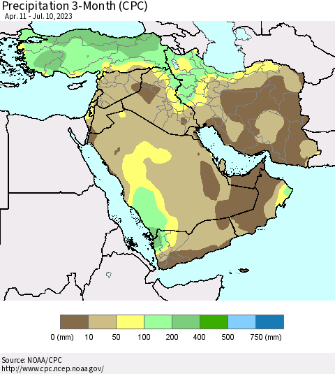 Middle East and Turkey Precipitation 3-Month (CPC) Thematic Map For 4/11/2023 - 7/10/2023