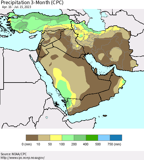 Middle East and Turkey Precipitation 3-Month (CPC) Thematic Map For 4/16/2023 - 7/15/2023