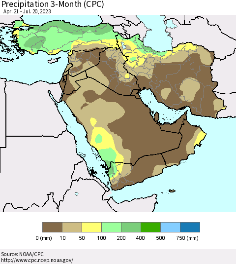 Middle East and Turkey Precipitation 3-Month (CPC) Thematic Map For 4/21/2023 - 7/20/2023