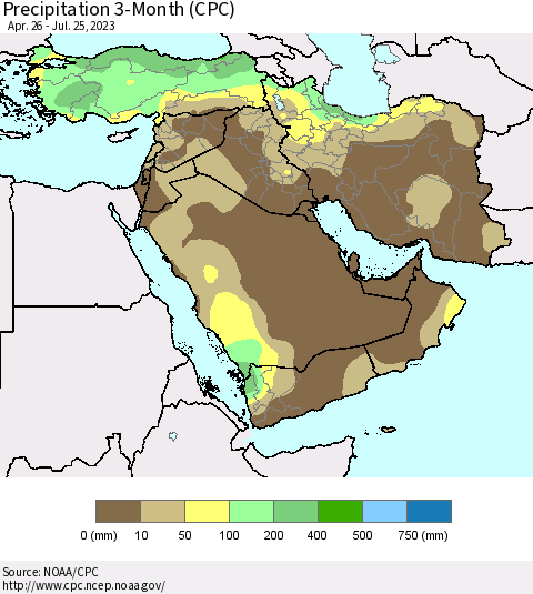 Middle East and Turkey Precipitation 3-Month (CPC) Thematic Map For 4/26/2023 - 7/25/2023