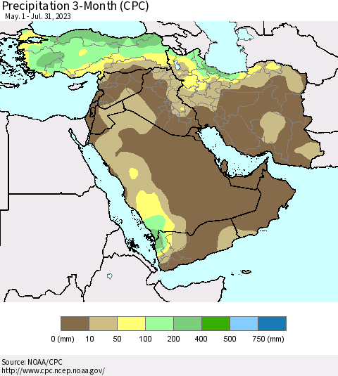 Middle East and Turkey Precipitation 3-Month (CPC) Thematic Map For 5/1/2023 - 7/31/2023