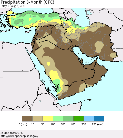 Middle East and Turkey Precipitation 3-Month (CPC) Thematic Map For 5/6/2023 - 8/5/2023