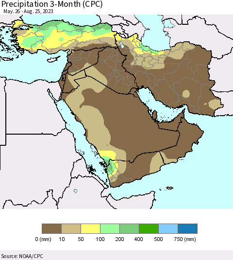 Middle East and Turkey Precipitation 3-Month (CPC) Thematic Map For 5/26/2023 - 8/25/2023