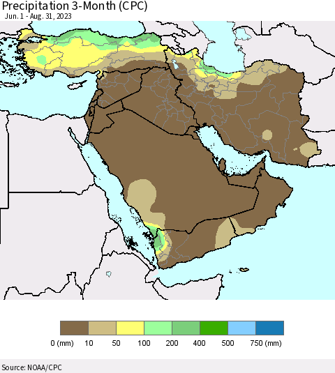 Middle East and Turkey Precipitation 3-Month (CPC) Thematic Map For 6/1/2023 - 8/31/2023