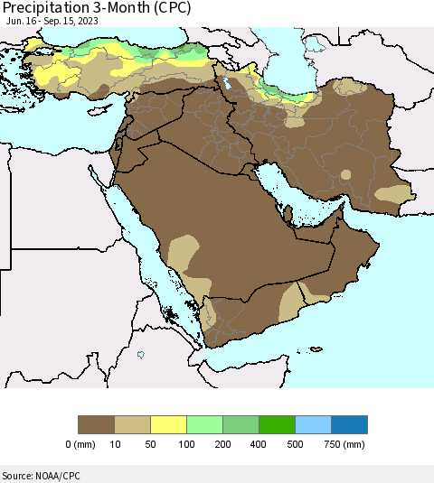 Middle East and Turkey Precipitation 3-Month (CPC) Thematic Map For 6/16/2023 - 9/15/2023