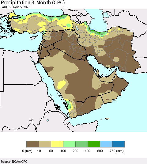 Middle East and Turkey Precipitation 3-Month (CPC) Thematic Map For 8/6/2023 - 11/5/2023