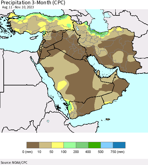 Middle East and Turkey Precipitation 3-Month (CPC) Thematic Map For 8/11/2023 - 11/10/2023