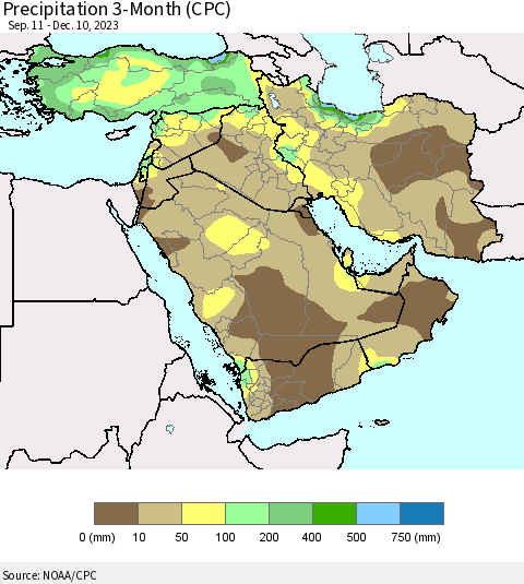 Middle East and Turkey Precipitation 3-Month (CPC) Thematic Map For 9/11/2023 - 12/10/2023