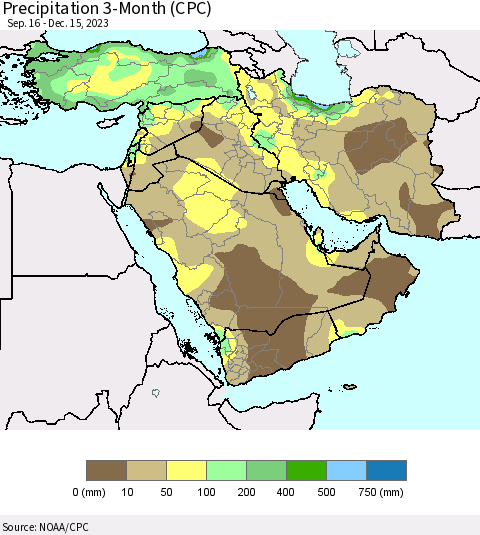 Middle East and Turkey Precipitation 3-Month (CPC) Thematic Map For 9/16/2023 - 12/15/2023