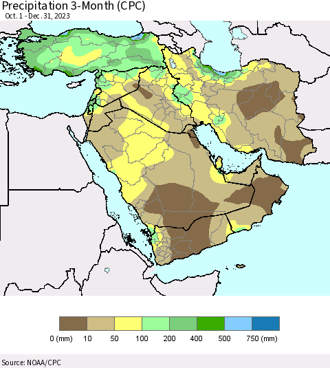 Middle East and Turkey Precipitation 3-Month (CPC) Thematic Map For 10/1/2023 - 12/31/2023