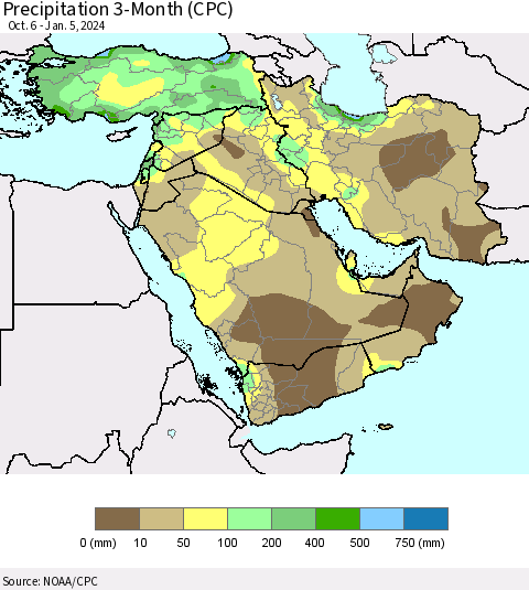 Middle East and Turkey Precipitation 3-Month (CPC) Thematic Map For 10/6/2023 - 1/5/2024