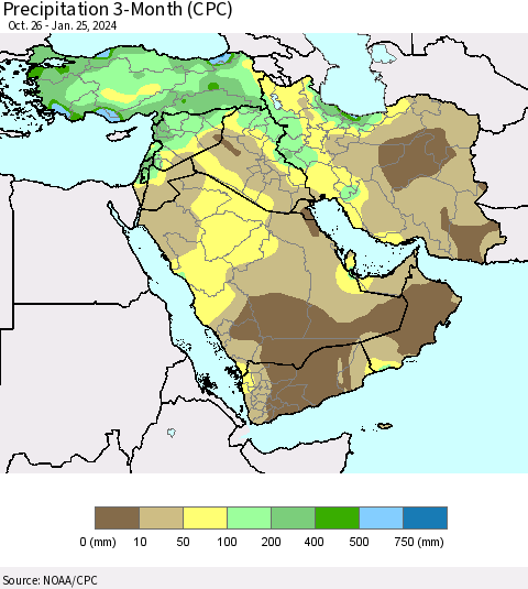 Middle East and Turkey Precipitation 3-Month (CPC) Thematic Map For 10/26/2023 - 1/25/2024