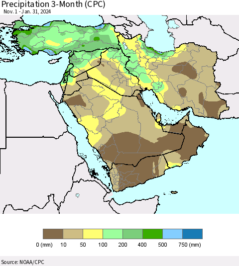 Middle East and Turkey Precipitation 3-Month (CPC) Thematic Map For 11/1/2023 - 1/31/2024