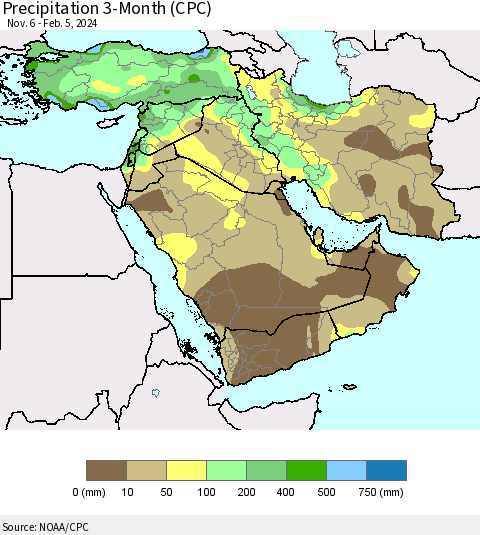 Middle East and Turkey Precipitation 3-Month (CPC) Thematic Map For 11/6/2023 - 2/5/2024