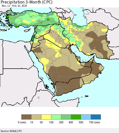 Middle East and Turkey Precipitation 3-Month (CPC) Thematic Map For 11/11/2023 - 2/10/2024