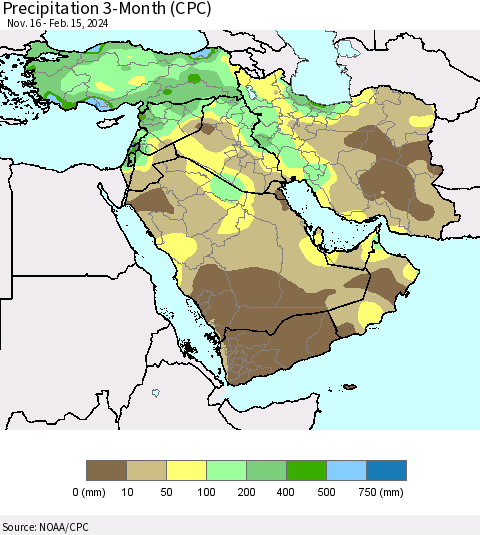 Middle East and Turkey Precipitation 3-Month (CPC) Thematic Map For 11/16/2023 - 2/15/2024