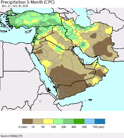 Middle East and Turkey Precipitation 3-Month (CPC) Thematic Map For 11/21/2023 - 2/20/2024