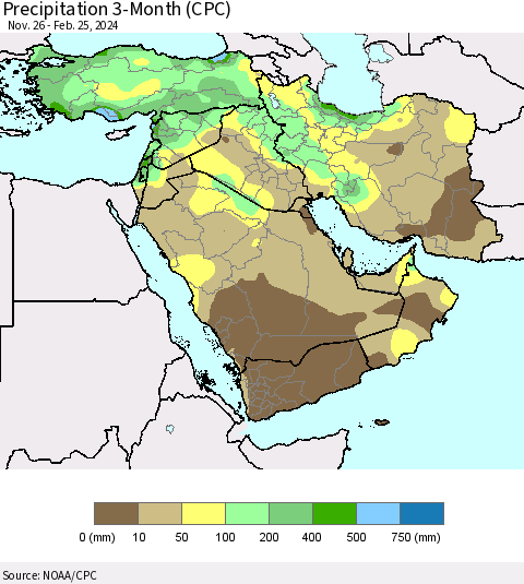 Middle East and Turkey Precipitation 3-Month (CPC) Thematic Map For 11/26/2023 - 2/25/2024