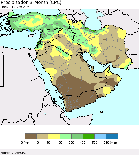 Middle East and Turkey Precipitation 3-Month (CPC) Thematic Map For 12/1/2023 - 2/29/2024