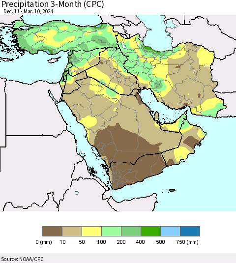 Middle East and Turkey Precipitation 3-Month (CPC) Thematic Map For 12/11/2023 - 3/10/2024
