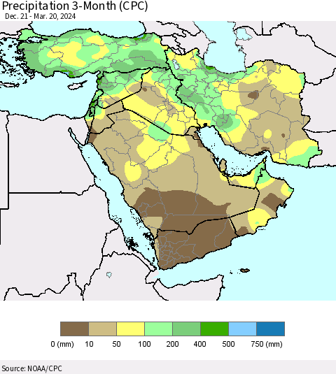 Middle East and Turkey Precipitation 3-Month (CPC) Thematic Map For 12/21/2023 - 3/20/2024